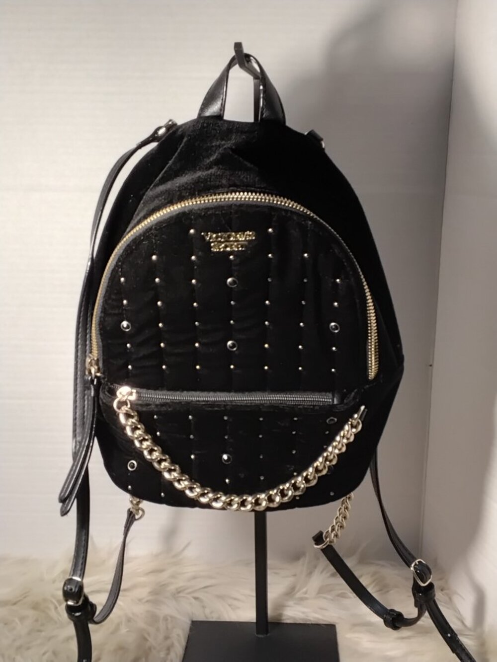Victoria's Secret Black Velvet Mini Back Pack Gold Accents Adjustable Straps